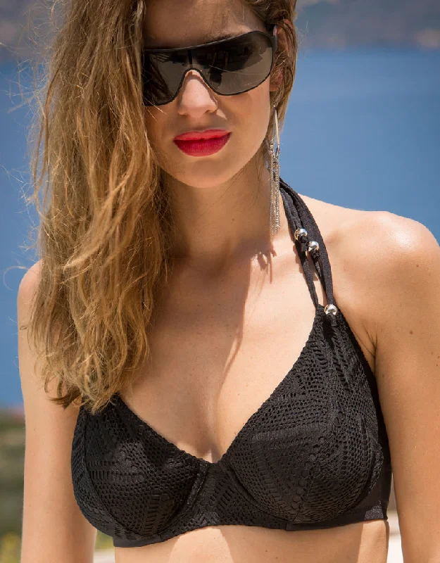 Pour Moi Bora Bora Halter Bikini Top Black Ribbed bikini set, Textured, Sexy, Comfortable