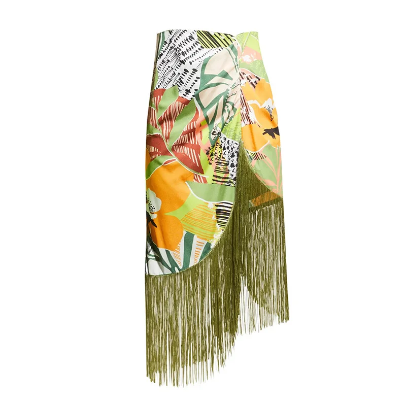 Women Fashion Printing Tassel Beach Bikini Skirt Cover Three Pieces Set Bikini with pleats, Trendy, Feminine, Stylish
