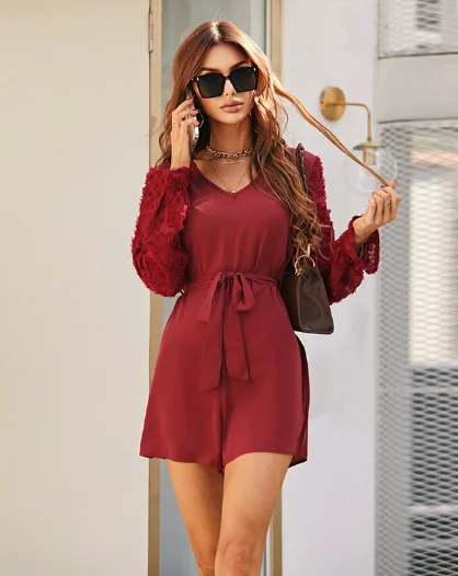 V-neck long-sleeved fashion solid color ruffled jumpsuit Black satin jumpsuit, Elegant, Nightwear, Glamorous V-neck long-sleeved fashion solid color ruffled jumpsuit Black satin jumpsuit, Elegant, Nightwear, Glamorous