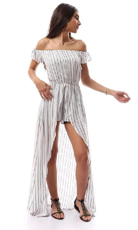 57329 Off-Shoulders Striped Playsuit With Long Extension - White & Black Wide-leg summer jumpsuit, Comfortable, Trendy, Stylish 57329 Off-Shoulders Striped Playsuit With Long Extension - White & Black Wide-leg summer jumpsuit, Comfortable, Trendy, Stylish