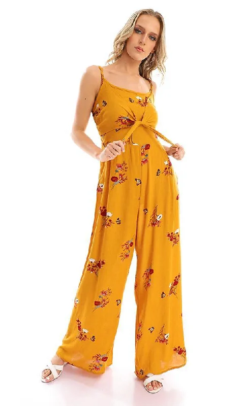 57748 Elastic Open Back Floral Jumpsuit - Mustard Jumpsuit with wide straps, Simple design, Comfortable, Trendy 57748 Elastic Open Back Floral Jumpsuit - Mustard Jumpsuit with wide straps, Simple design, Comfortable, Trendy