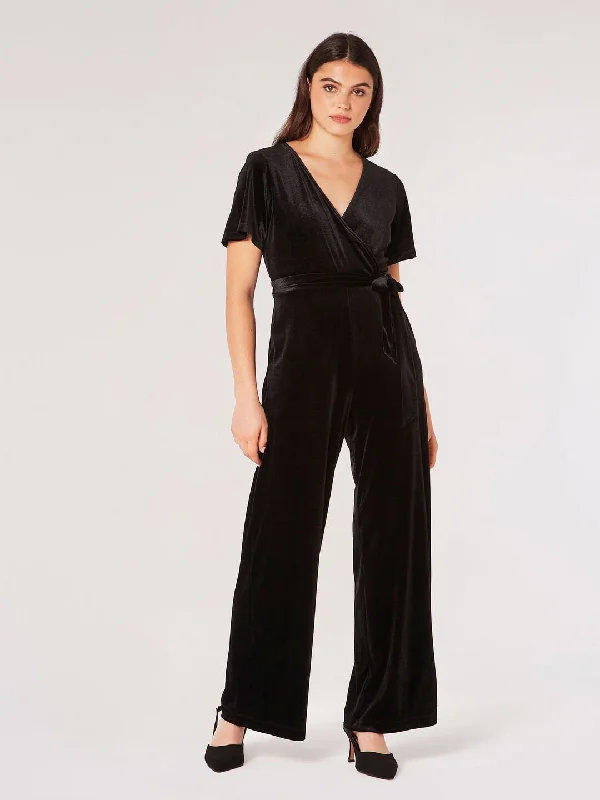 Angel Sleeve Velvet Wrap Jumpsuit Black Sleeveless wide leg jumpsuit, Comfortable, Trendy, Casual