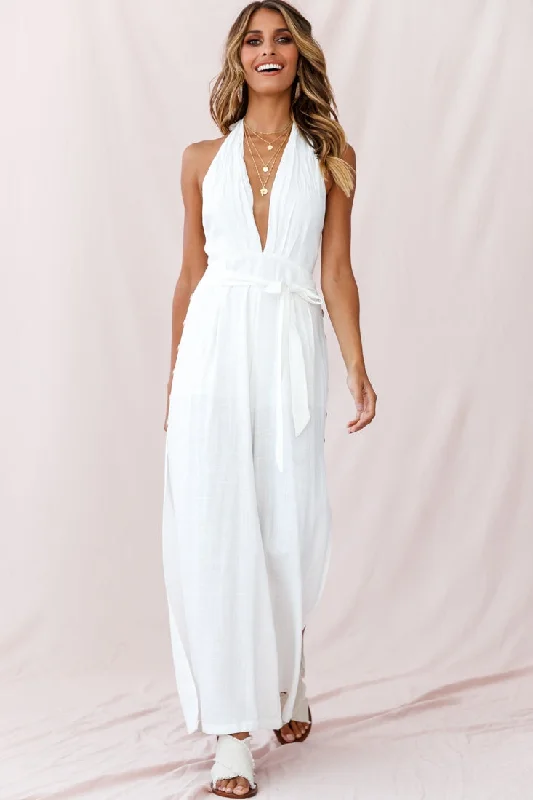 Aruba Wide Leg Halterneck Jumpsuit White Wide leg jumpsuit, Summer vibes, Relaxed fit, Casual Aruba Wide Leg Halterneck Jumpsuit White Wide leg jumpsuit, Summer vibes, Relaxed fit, Casual