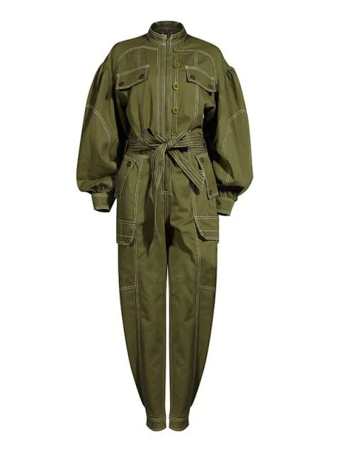 Ashoreshop Casual Army Green Slip On and Go Jumpsuit For Women Stand Collar Lantern Sleeve Wide leg print jumpsuit, Comfortable, Casual, Fashionable Ashoreshop Casual Army Green Slip On and Go Jumpsuit For Women Stand Collar Lantern Sleeve Wide leg print jumpsuit, Comfortable, Casual, Fashionable