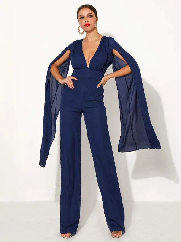Backless High Waist Slit Sleeve Jumpsuit Elegant evening jumpsuit, Glamorous, Formal wear, Party attire Backless High Waist Slit Sleeve Jumpsuit Elegant evening jumpsuit, Glamorous, Formal wear, Party attire