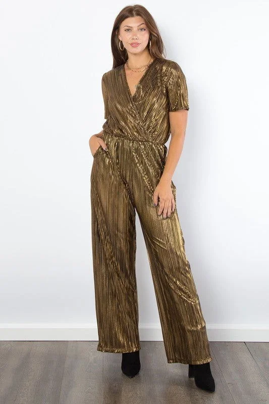 Be Stage Surplice Short Sleeve Pleated Foil Jumpsuit In Gold Jumpsuit with pockets, Practical, Comfortable, Casual Be Stage Surplice Short Sleeve Pleated Foil Jumpsuit In Gold Jumpsuit with pockets, Practical, Comfortable, Casual