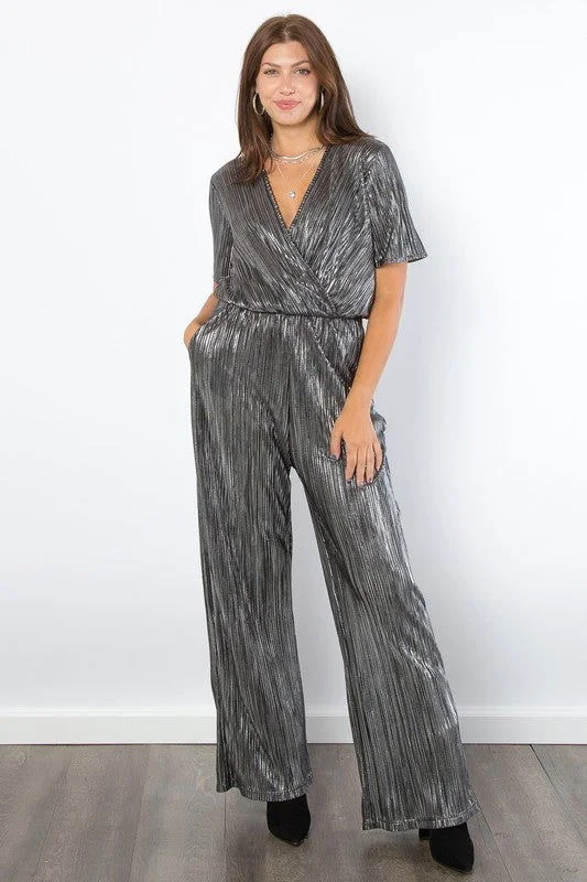 Be Stage Surplice Short Sleeve Pleated Foil Jumpsuit Strapless jumpsuit, Sexy, Party wear, Trendy Be Stage Surplice Short Sleeve Pleated Foil Jumpsuit Strapless jumpsuit, Sexy, Party wear, Trendy