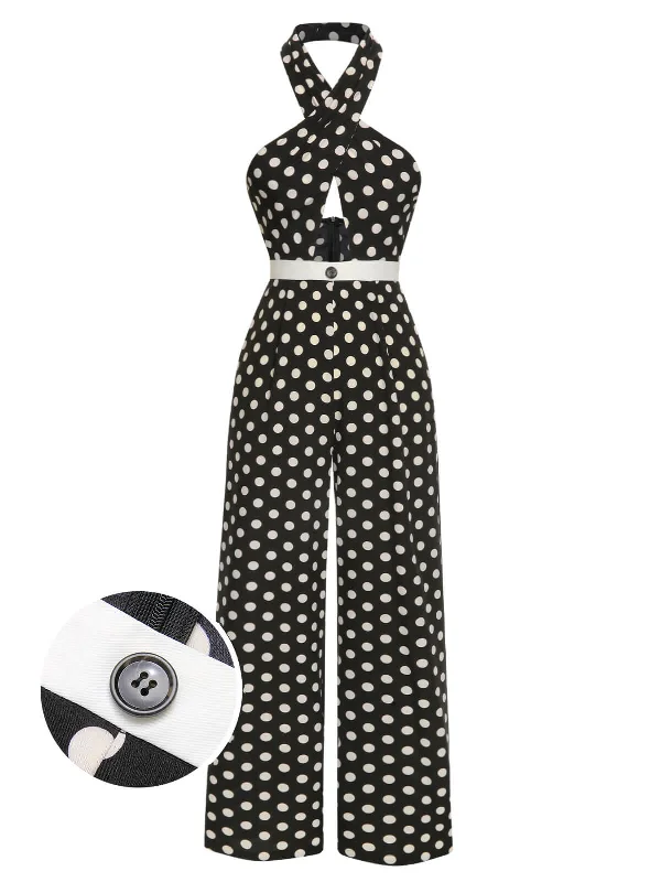 Black 1940s Polka Dots Cross Halter Jumpsuit Black jumpsuit, Sleek, Formal wear, Fashionable