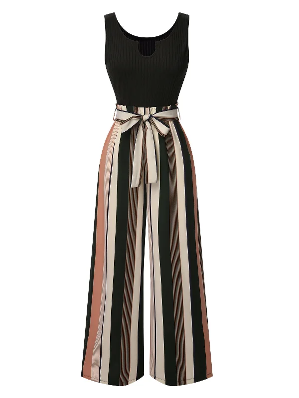Black 1950s Stripes Knitted Belted Jumpsuit Formal jumpsuit, Elegant, Chic, Trendy