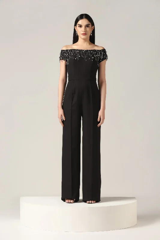 Black Hand Embroidered Jumpsuit Dressy jumpsuit, Formal wear, Elegant, Chic