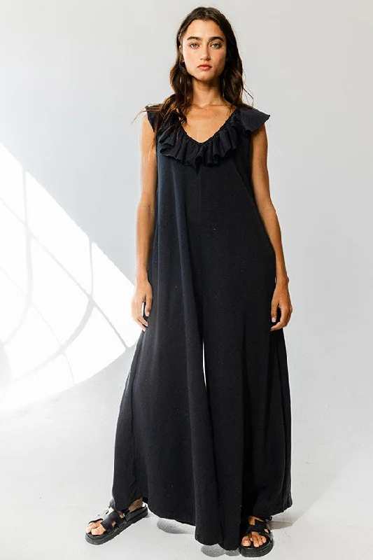 Black Ruffle Accent Wide Leg Jumpsuit High neck jumpsuit, Elegant, Professional, Stylish Black Ruffle Accent Wide Leg Jumpsuit High neck jumpsuit, Elegant, Professional, Stylish