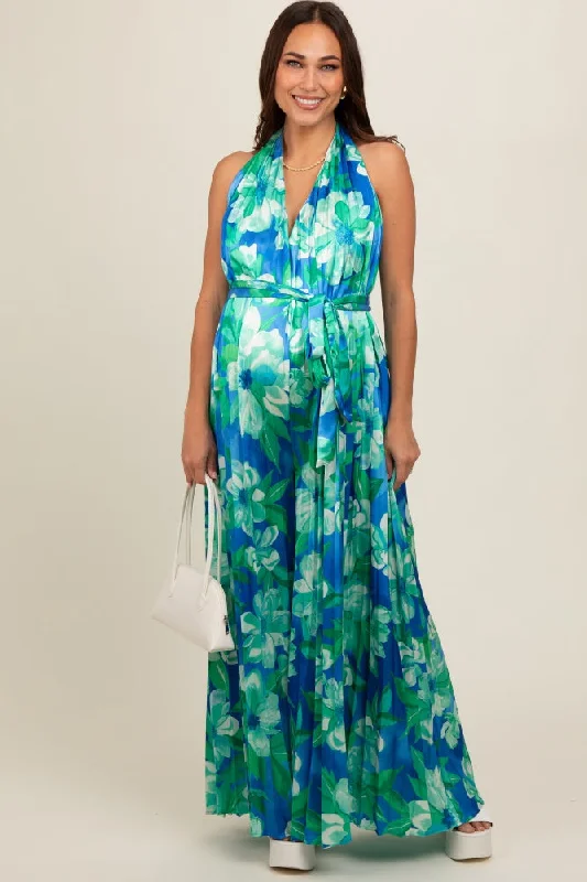 Blue Floral Pleated Halter Maternity Jumpsuit Off-the-shoulder jumpsuit, Sexy, Elegant, Trendy