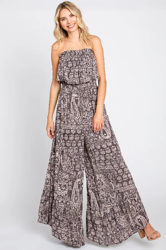 Blue Paisley Strapless Ruffle Wide Leg Jumpsuit Jumpsuit with pockets, Practical, Comfortable, Casual Blue Paisley Strapless Ruffle Wide Leg Jumpsuit Jumpsuit with pockets, Practical, Comfortable, Casual