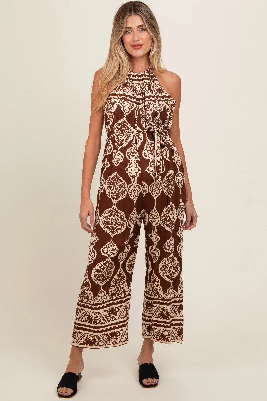 Brown Border Print Front Tie Halter Maternity Jumpsuit Satin wide leg jumpsuit, Luxurious fabric, Evening wear, Chic Brown Border Print Front Tie Halter Maternity Jumpsuit Satin wide leg jumpsuit, Luxurious fabric, Evening wear, Chic