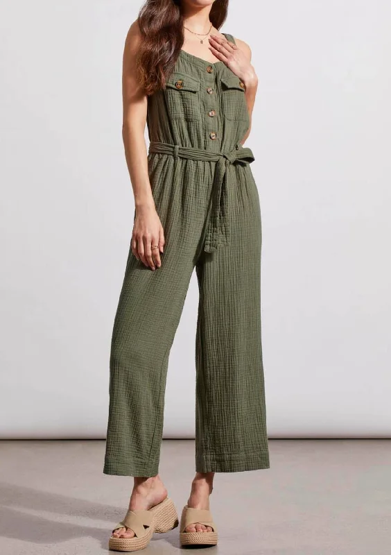 Button Front Jumpsuit with Sash and Pockets - Fern Cropped jumpsuit, Summer style, Trendy, Comfortable Button Front Jumpsuit with Sash and Pockets - Fern Cropped jumpsuit, Summer style, Trendy, Comfortable