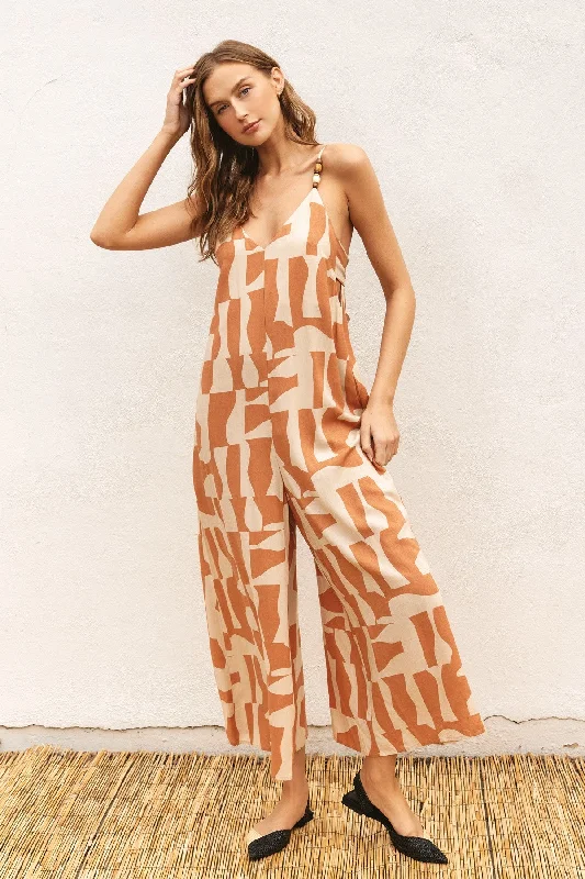 Camel Abstract Print Wide Leg Jumpsuit Jumpsuit romper, Playful, Casual, Comfortable Camel Abstract Print Wide Leg Jumpsuit Jumpsuit romper, Playful, Casual, Comfortable