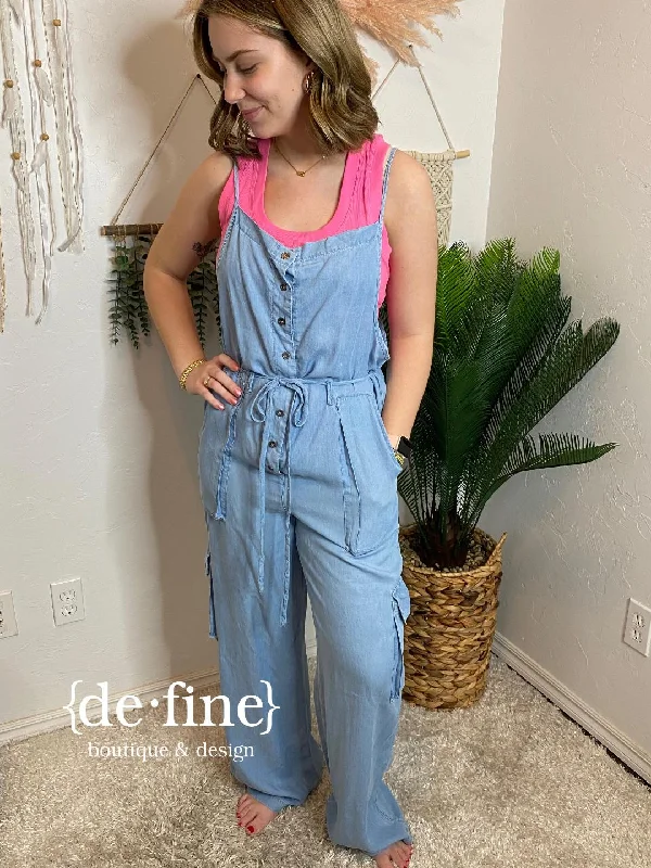 Chambray Mineral Washed Jumpsuit Casual chic jumpsuit, Relaxed fit, Street style, Fashionable