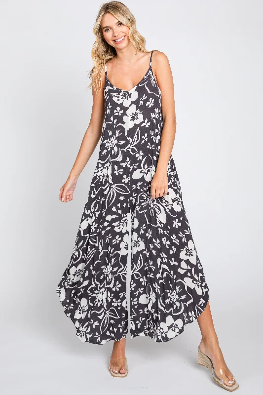 Charcoal Tropical Floral V-Neck Round Hem Jumpsuit Off-shoulder wide-leg jumpsuit, Elegant, Fashionable, Stylish Charcoal Tropical Floral V-Neck Round Hem Jumpsuit Off-shoulder wide-leg jumpsuit, Elegant, Fashionable, Stylish