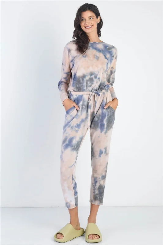 Cherish Apparel Tie-Dye Round Neck Long Sleeve Jumpsuit Jumpsuit with tie waist, Slim fit, Comfortable, Stylish Cherish Apparel Tie-Dye Round Neck Long Sleeve Jumpsuit Jumpsuit with tie waist, Slim fit, Comfortable, Stylish