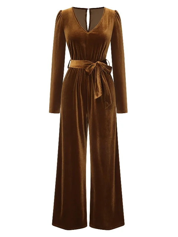 Dark Brown 1930s Solid V-Neck Velvet Jumpsuit Elegant black jumpsuit, Night out, Sleek, Fashionable Dark Brown 1930s Solid V-Neck Velvet Jumpsuit Elegant black jumpsuit, Night out, Sleek, Fashionable