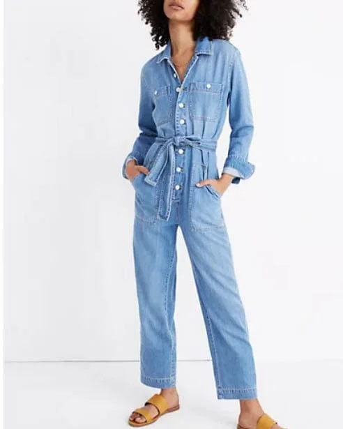 "Denim Tie-Waist" Jumpsuit Zipper front jumpsuit, Casual, Trendy, Comfortable