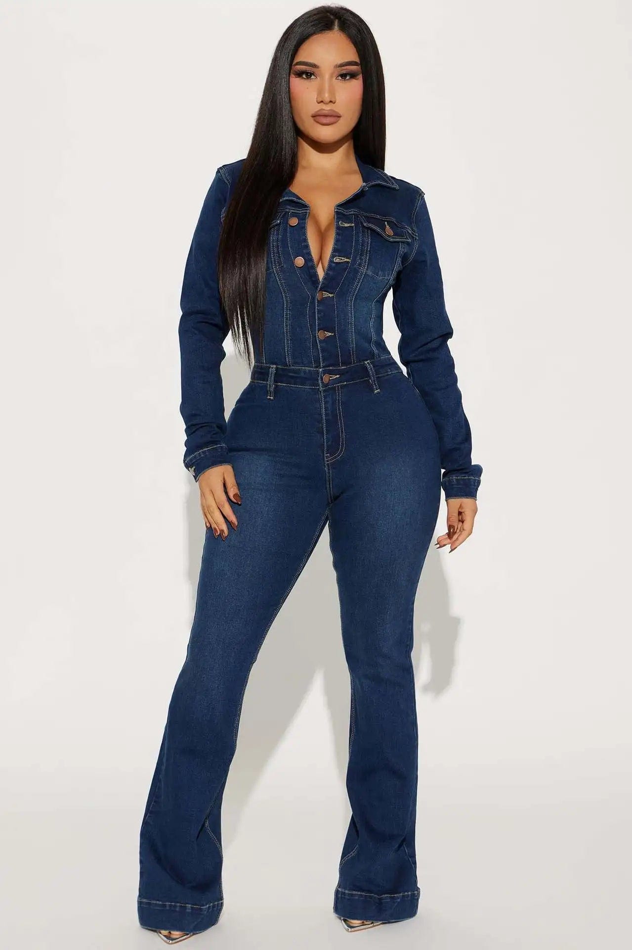 Fashion Women 2024 Long Sleeve Jumpsuit Slim Comfortable Casual Mid-Waist Solid Color Woman Ladies Jumpsuit Pants Utility jumpsuit, Casual, Functional, Trendy