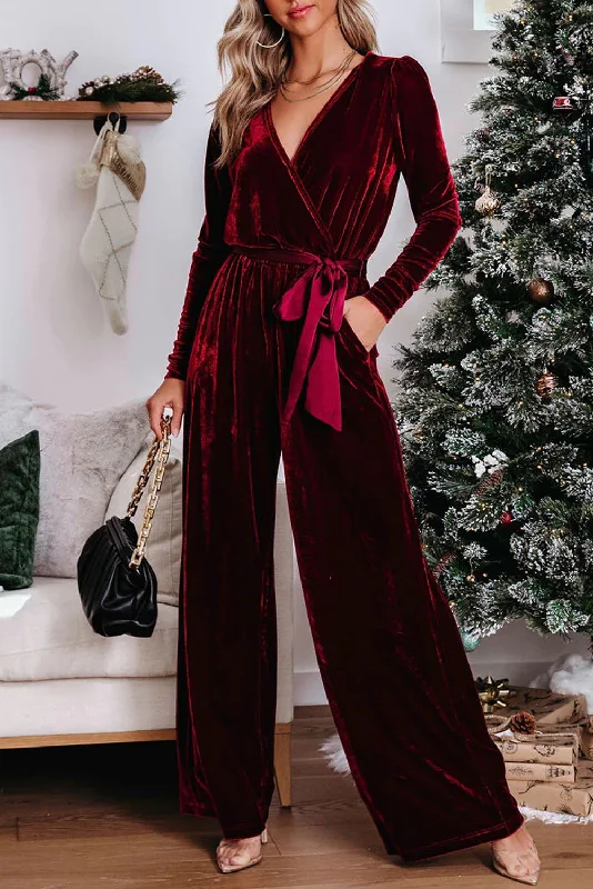 Fiery Red Velvet Pocketed Cut out Back Wide Leg Jumpsuit Strappy jumpsuit, Casual wear, Stylish, Comfortable Fiery Red Velvet Pocketed Cut out Back Wide Leg Jumpsuit Strappy jumpsuit, Casual wear, Stylish, Comfortable