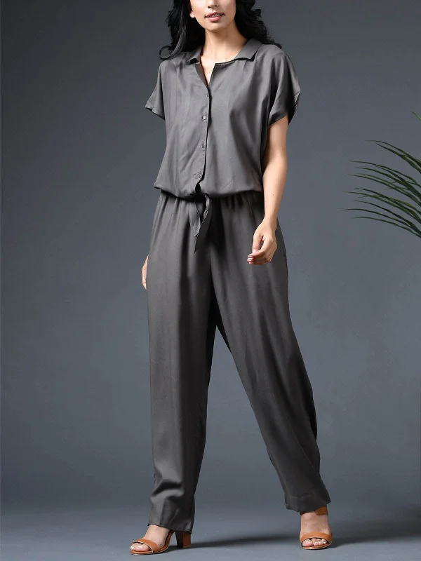 Front Tie Belt Jumpsuit Grey Pleated satin jumpsuit, Glamorous, Chic, Elegant