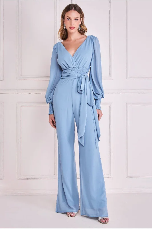 Goddiva Chiffon Puffy Sleeve Jumpsuit - Blue Sexy deep V jumpsuit, Trendy, Party wear, Elegant Goddiva Chiffon Puffy Sleeve Jumpsuit - Blue Sexy deep V jumpsuit, Trendy, Party wear, Elegant