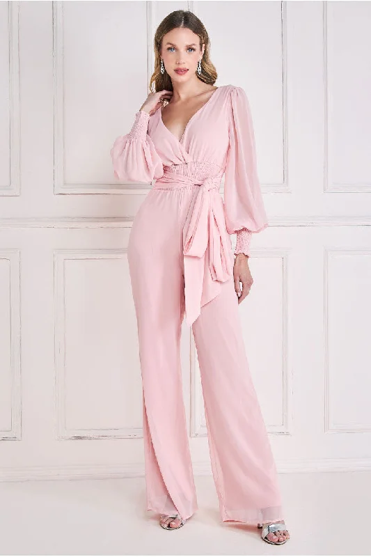 Goddiva Chiffon Puffy Sleeve Jumpsuit - Blush Button-up jumpsuit, Relaxed fit, Trendy, Comfortable Goddiva Chiffon Puffy Sleeve Jumpsuit - Blush Button-up jumpsuit, Relaxed fit, Trendy, Comfortable