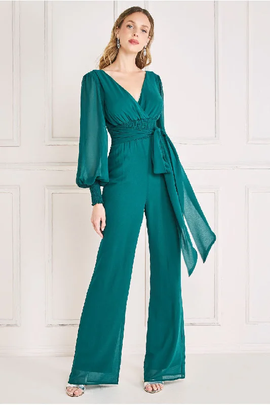 Goddiva Chiffon Puffy Sleeve Jumpsuit -  Emerald Green Black jumpsuit, Sleek, Formal, Nightwear