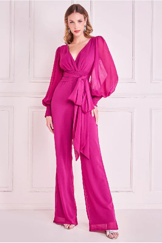 Goddiva Chiffon Puffy Sleeve Jumpsuit - Magenta Wide leg denim jumpsuit, Casual, Comfortable, Trendy Goddiva Chiffon Puffy Sleeve Jumpsuit - Magenta Wide leg denim jumpsuit, Casual, Comfortable, Trendy