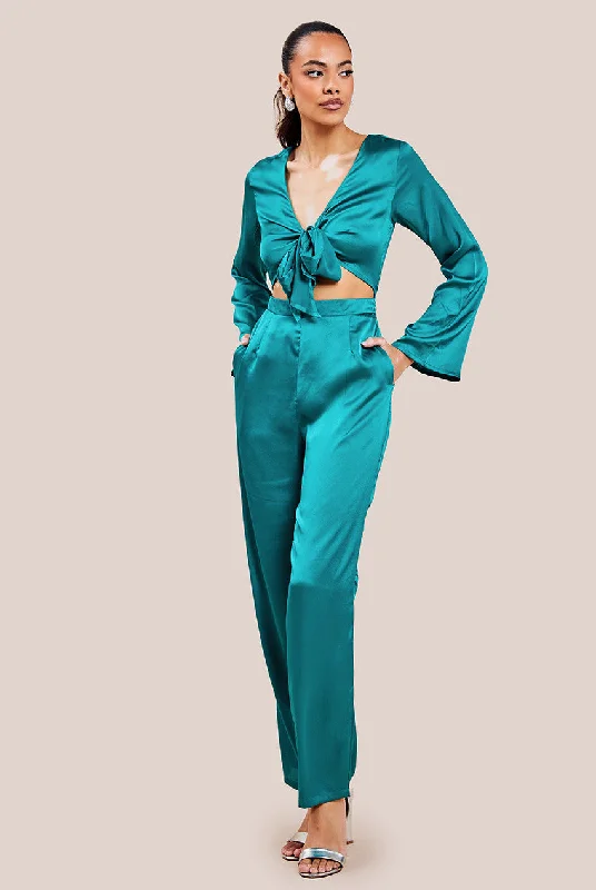 Goddiva Cut Out Satin Jumpsuit - Emerald Tied waist jumpsuit, Casual look, Feminine, Comfortable Goddiva Cut Out Satin Jumpsuit - Emerald Tied waist jumpsuit, Casual look, Feminine, Comfortable