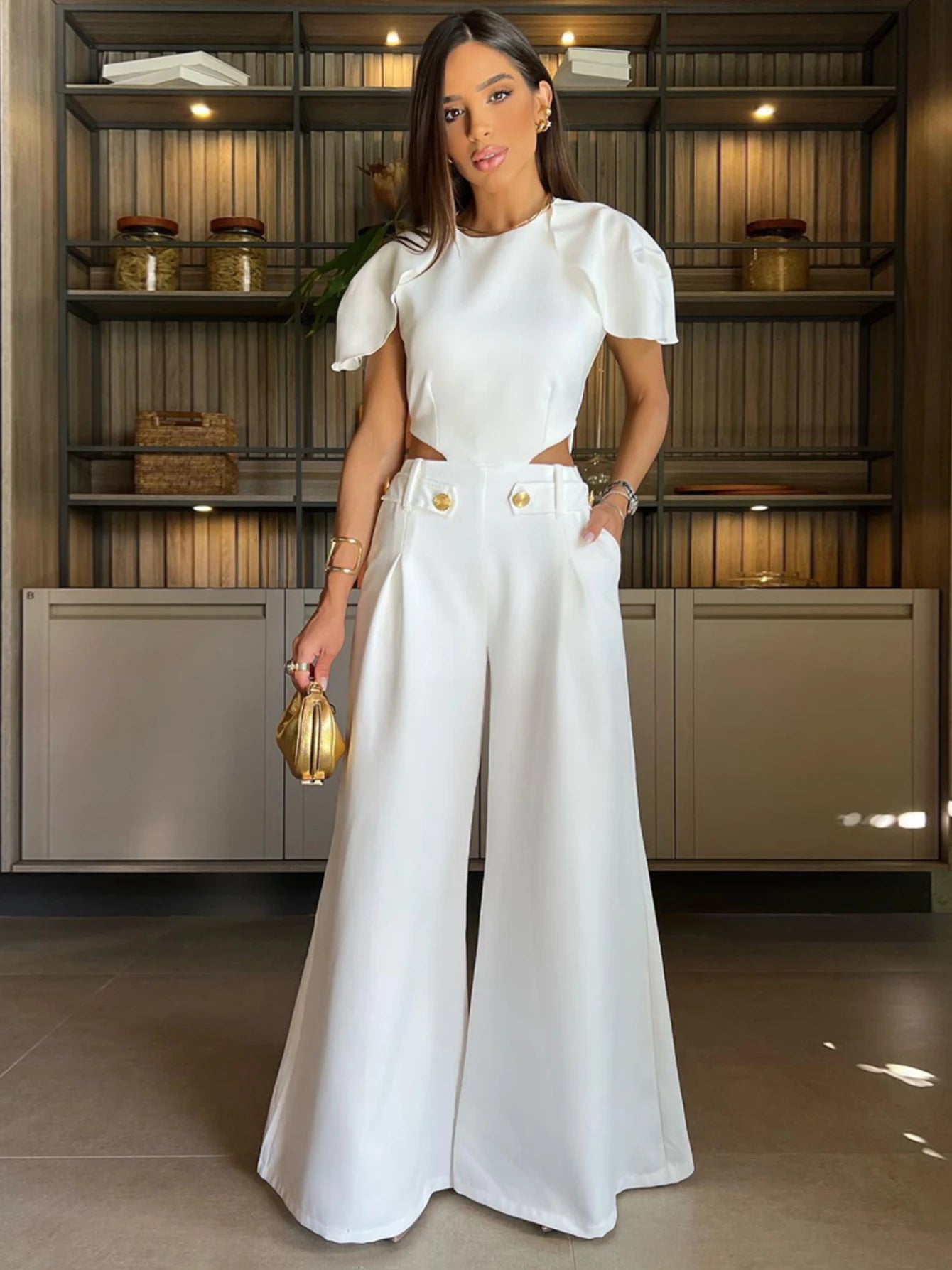 Hollow Sides Butterfly Sleeve X-Wide Leg Jumpsuits Jumpsuit with bow, Feminine, Chic, Elegant Hollow Sides Butterfly Sleeve X-Wide Leg Jumpsuits Jumpsuit with bow, Feminine, Chic, Elegant
