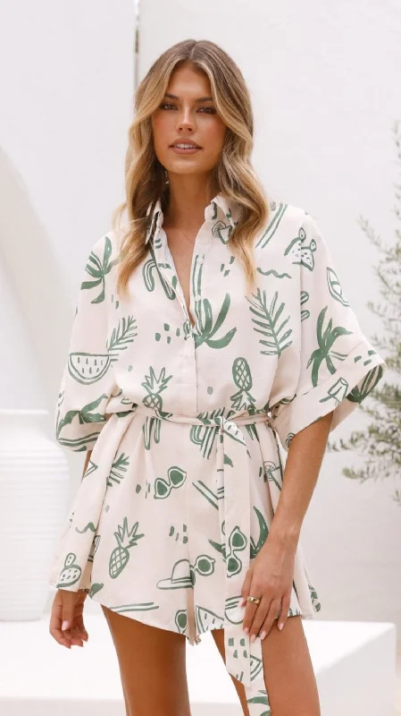 Jacquie Playsuit - Green Palm Bohemian print jumpsuit, Summer, Relaxed fit, Stylish