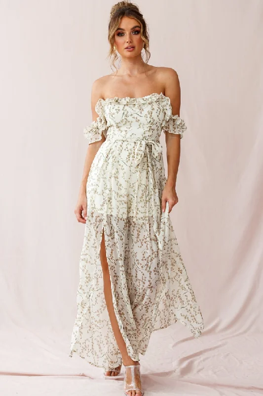 Jazz Bardot Neckline Wide Leg Split Jumpsuit Floral Print White Vintage style jumpsuit, Retro chic, Casual, Comfortable Jazz Bardot Neckline Wide Leg Split Jumpsuit Floral Print White Vintage style jumpsuit, Retro chic, Casual, Comfortable