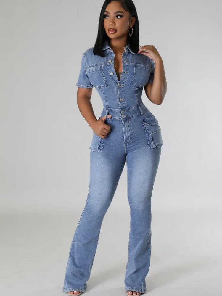 JRRY Sexy Women Denim Jumpsuits Short Sleeve Turn Down Collars Buttons Pockets Flared Pants Denim Bodysuit Off-shoulder jumpsuit, Elegant design, Trendy, Night out JRRY Sexy Women Denim Jumpsuits Short Sleeve Turn Down Collars Buttons Pockets Flared Pants Denim Bodysuit Off-shoulder jumpsuit, Elegant design, Trendy, Night out
