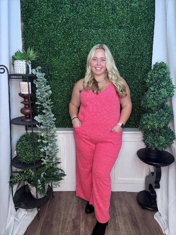 KNIT JUMPSUIT - PINK Jumpsuit with pockets, Relaxed fit, Casual wear, Stylish