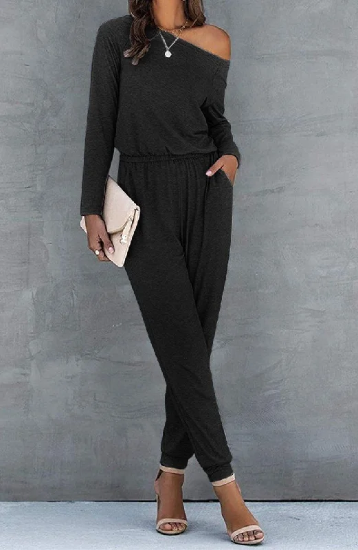 Loose Off Shoulder Elastic Waist Stretchy Jumpsuit Tailored jumpsuit, Professional, Sleek, Elegant Loose Off Shoulder Elastic Waist Stretchy Jumpsuit Tailored jumpsuit, Professional, Sleek, Elegant