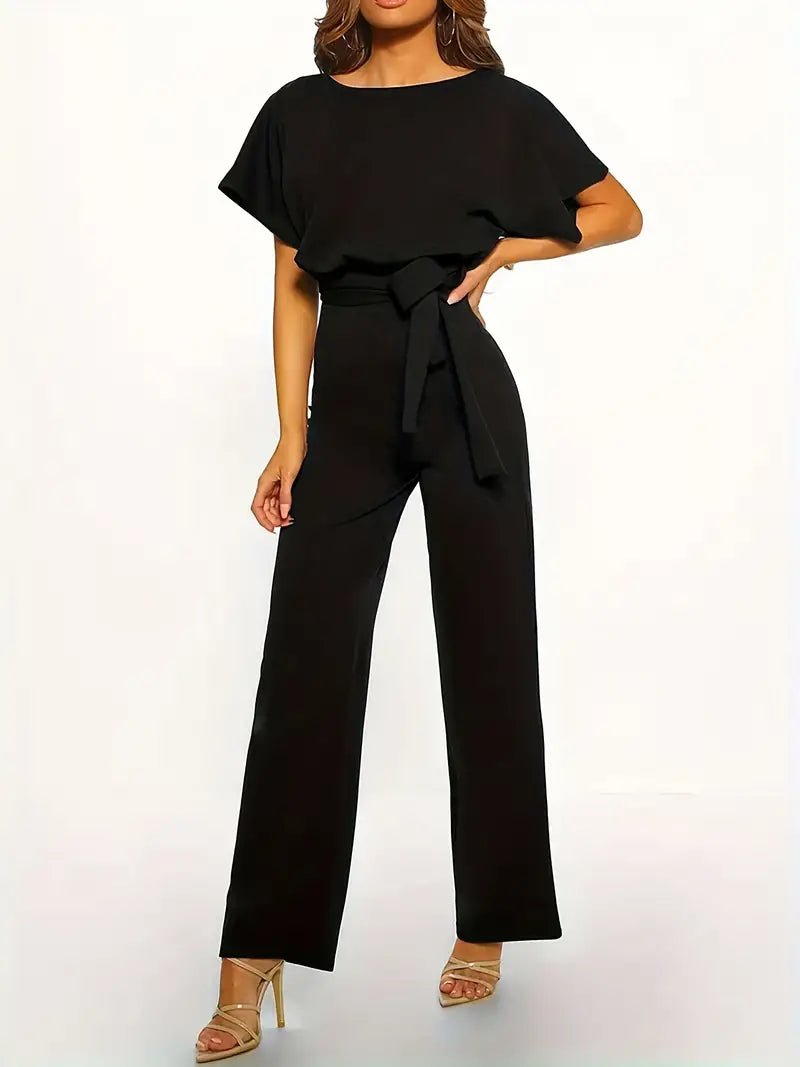 Black Tie Waist Wide Leg Jumpsuit Formal jumpsuit, Elegant, Trendy, Chic