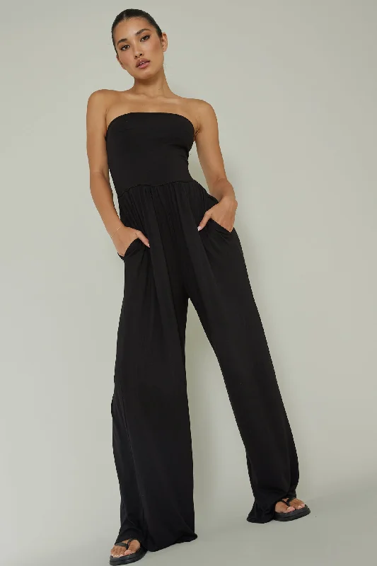 Morocca Strapless Jumpsuit Black Silk wide leg jumpsuit, Elegant, Chic, Comfortable
