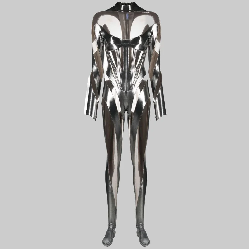 MUGLER Size 2 Silver Nude Mixed Fabrics Polyamide Mesh Jumpsuits Modern jumpsuit, Sleek, Trendy, Professional MUGLER Size 2 Silver Nude Mixed Fabrics Polyamide Mesh Jumpsuits Modern jumpsuit, Sleek, Trendy, Professional