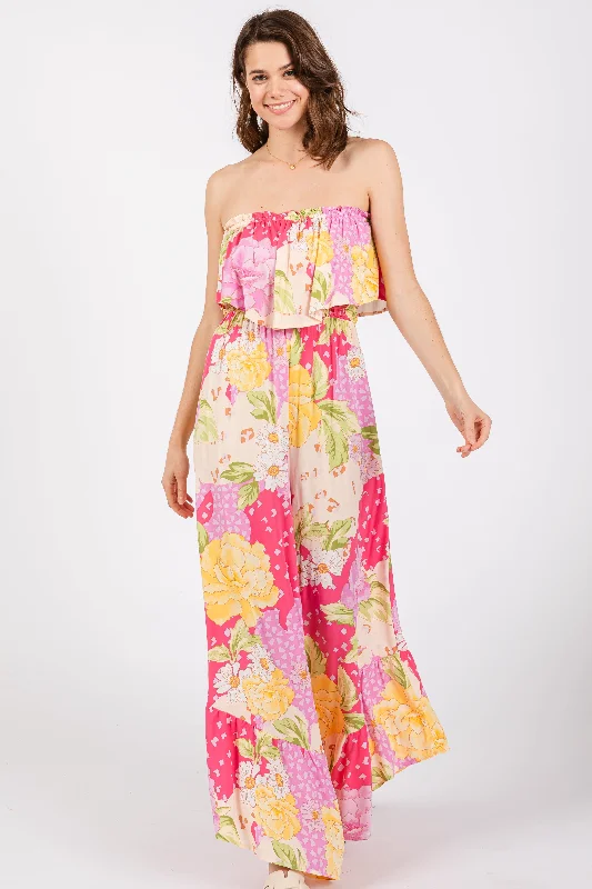 Multi-Color Floral Strapless Ruffle Wide Leg Jumpsuit Halter neck jumpsuit, Sexy, Summer vibes, Trendy Multi-Color Floral Strapless Ruffle Wide Leg Jumpsuit Halter neck jumpsuit, Sexy, Summer vibes, Trendy