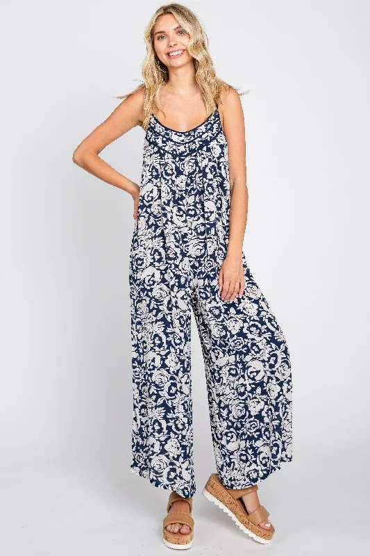 Navy Blue Floral Wide Leg Crop Jumpsuit Pleated wide leg jumpsuit, Feminine, Elegant, Stylish Navy Blue Floral Wide Leg Crop Jumpsuit Pleated wide leg jumpsuit, Feminine, Elegant, Stylish