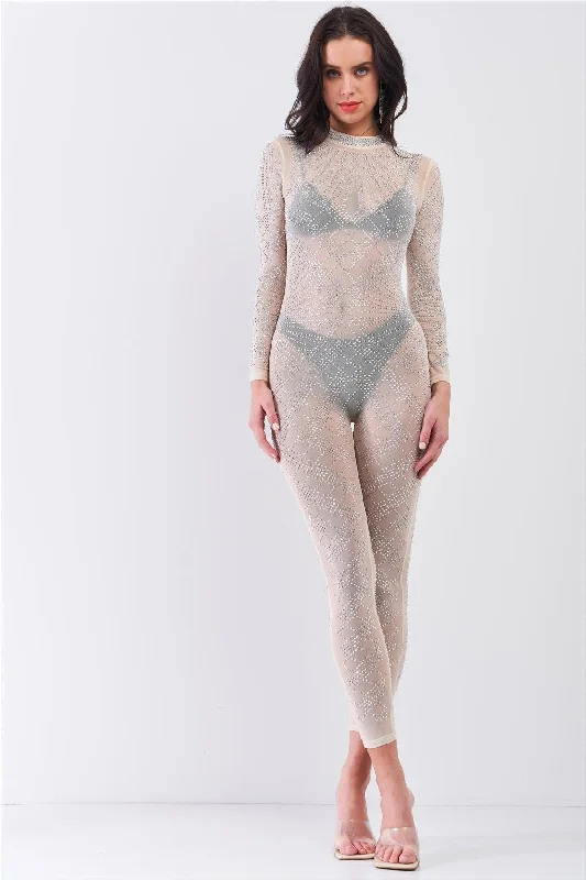 Nude Sexy Rhinestone Mesh Mock Neck Bodycon Jumpsuit Bohemian style jumpsuit, Loose fit, Casual, Trendy