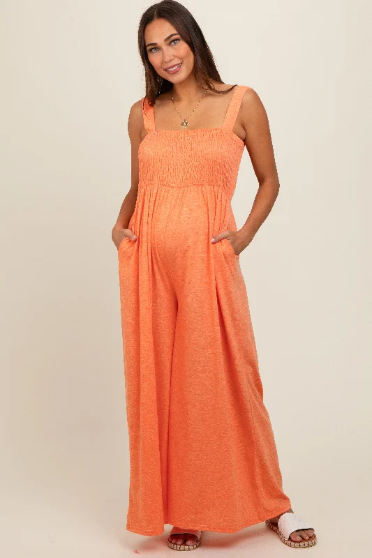 Orange Smocked Wide Leg Maternity Jumpsuit Deep V jumpsuit, Sexy, Night out, Trendy