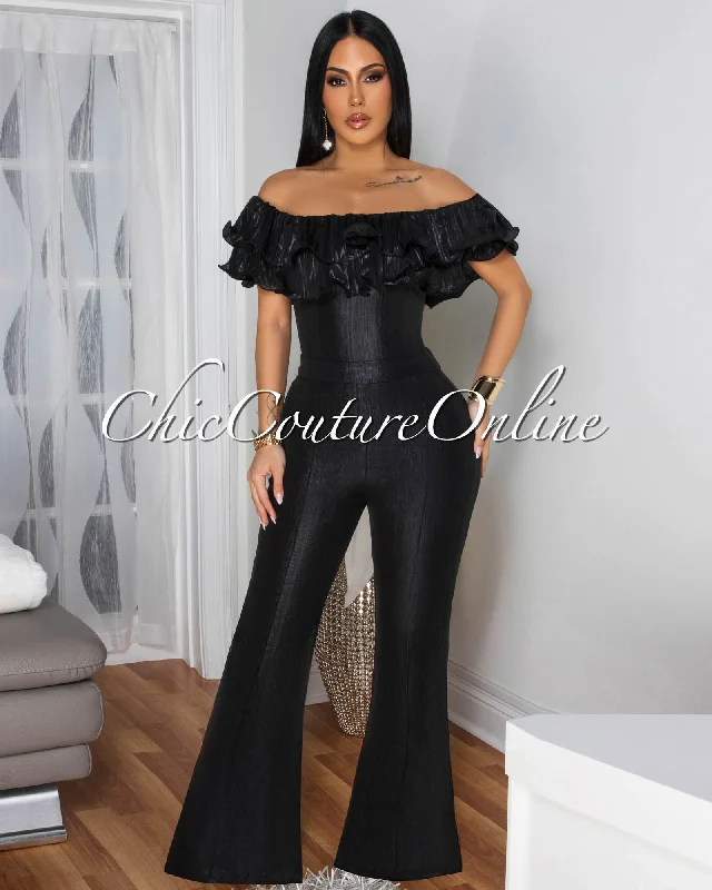 Quasia Black High-Shine Off-The-Shoulder Jumpsuit One-piece jumpsuit, Comfortable, Trendy, Workwear Quasia Black High-Shine Off-The-Shoulder Jumpsuit One-piece jumpsuit, Comfortable, Trendy, Workwear