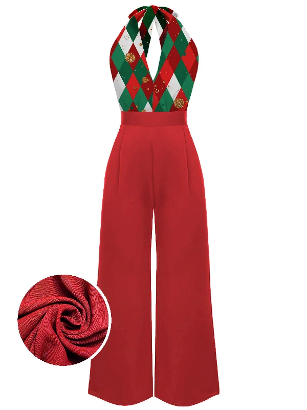 Red 1930s Christmas Plaid Lace Patchwork Jumpsuit Casual jumpsuit, Loose fit, Summer style, Comfortable Red 1930s Christmas Plaid Lace Patchwork Jumpsuit Casual jumpsuit, Loose fit, Summer style, Comfortable