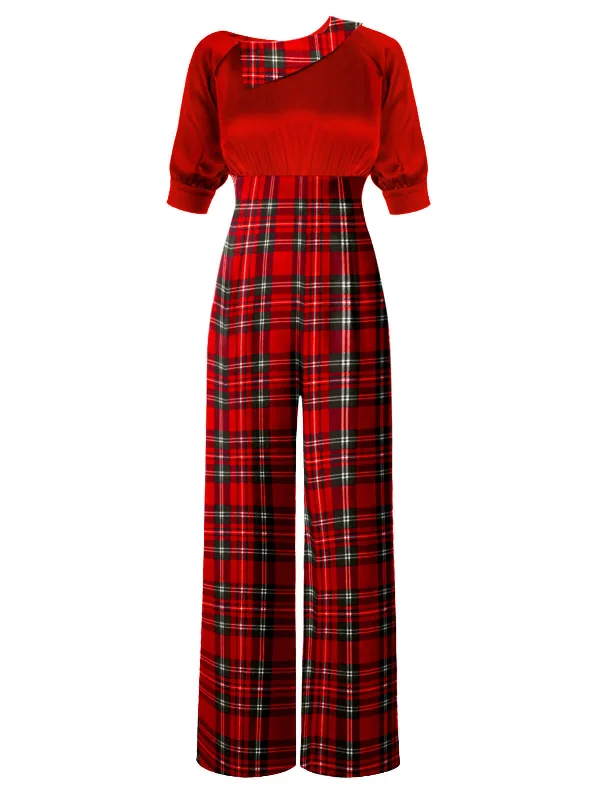 Red 1930s Christmas Plaid Short Sleeved Jumpsuit Satin jumpsuit, Luxurious, Nightwear, Chic Red 1930s Christmas Plaid Short Sleeved Jumpsuit Satin jumpsuit, Luxurious, Nightwear, Chic