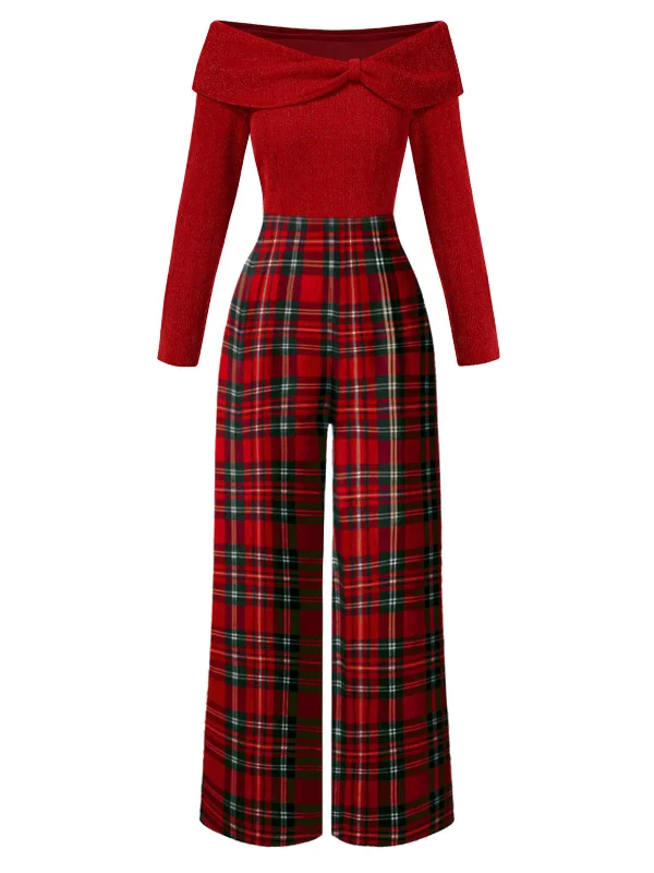 [Pre-Sale] Red 1950s Off Shoulder Plaids Jumpsuit Backless jumpsuit, Sexy, Party wear, Elegant